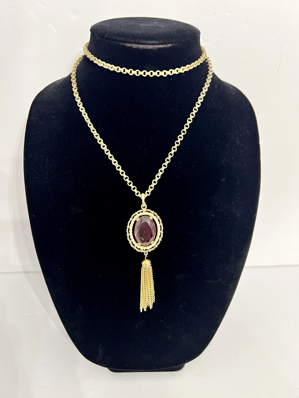 AVON Renaissance Amethyst Faux Pearl Tassel Pendant & Long Chain Necklace VTG